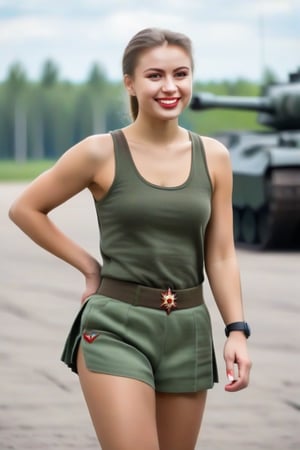 Beautiful young Russian female soldier, in skirt, standing with a smile on her face, tank top and shorts, no cap or hat, walking away from the camera