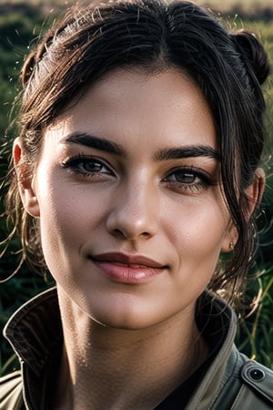 A determined young female soldier stands tall amidst a vast open field, her piercing gaze fixed intently on some distant horizon as warm sunlight casts long shadows behind her, highlighting her rugged yet elegant demeanor. She poses confidently, one hand resting on the grip of her sniper rifle, her dark hair tied back in a bun revealing a strong jawline and defined facial features. Her serious expression is subtly tempered by a playful smile and a flirtatious glint in her eyes, as if she's sharing a secret with the viewer.