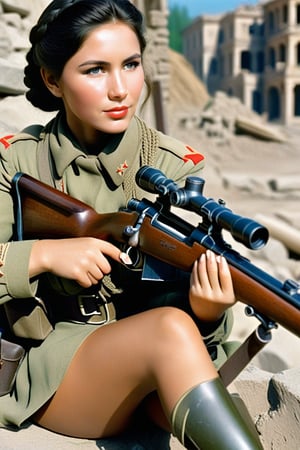 Against a backdrop of war-torn rubble, a stunning female sniper sits poised, her torn Soviet World War 2-era uniform revealing toned legs, inner thighs and part of her panties.

Braided black hair frames dark brown eyes that burn with focus, as she zeroes in on her target. 

Warm lighting highlights worn fabric and determination etched on her face. 

She cradles her rifle with perfectly manicured hands, her gaze intent and unwavering.,(((photorealistic:1.4))), Her mosin-nagant sniper rifle ready to shoot, 