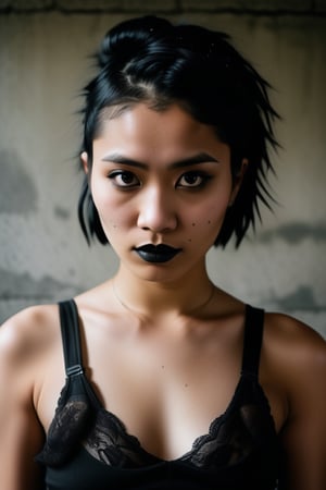 Mysterious gaze of an Indonesian goth woman pierces through the lens as she stands confidently before a distressed concrete wall in a moody, high-contrast studio setting. Tight tank top showcases porcelain skin and raven hair against a backdrop of warm, film-like tones with subtle grain and texture. Her enigmatic expression holds focus as her piercing eyes lock onto the camera. The framing is tight, with the subject's body forming a diagonal line that draws the viewer's eye to her captivating gaze, where black lipstick and lace accents add an air of mystique.