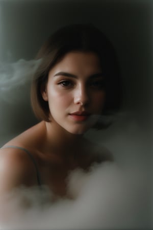A hazy, out-of-focus portrait of a breathtakingly beautiful young woman by Sarah Moon. The platinum blonde, 90s bob hairstyle appears as a soft, wispy halo around her face. Her translucent skin glows with an ethereal quality, while seem to hold secrets. Framed against a backdrop of foggy clouds, the image is bathed in a dreamy, Kodak film-like haze. Every feature - from perfectly defined edges to ultra-realistic anatomy - seems almost palpable, as if the subject might step out of the mist at any moment. fog, clouds, smoke