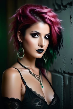 Pretty girl, honey skin, pink hair, brown hair roots, green eyes, multiple earrings, nose piercing, freckles, full body shot, intense lighting, dynamic, perfect, digital painting,burlesque,shabby chic,,fine art,epic,Boho gypsy, marquise,duchesse,dark fantasy, digital illustration, extreme detail, digital art, 4k, ultra hd, Anna Dittmann, Alyssa Monks, Gustave Dore, Jean Baptiste Monge, hyperrealism, trending on artstation, vintage photography, tumblr aesthetic, hd photography, hyperrealism, slight smile, beautiful, intricate,(((photorealism:1.4))),Goth