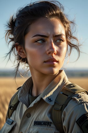 A determined young female soldier stands tall amidst a vast open field, her piercing gaze fixed intently on some distant horizon as the warm sunlight casts long shadows behind her, highlighting her rugged yet elegant demeanor. photorealism:1.4