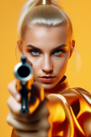Pretty blonde girl with a gun shot, in the style of celebrity and pop culture references, shiny eyes, platinum-blonde hair in a neat bun, aiming directly at the viewer, Dutch 