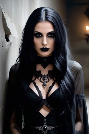 A haunting scene unfolds as the goth woman's piercing gaze holds steady, her raven hair cascading like a dark waterfall down her porcelain skin. The warm lighting casts subtle shadows on her features, highlighting the navel piercing and the macabre allure of her black attire. As she speaks in a hushed tone, You shouldn't be here, her expression morphs from enigmatic to malevolent. Suddenly, the lighting flickers, and the distressed concrete wall begins to crack and crumble. Amidst the chaos, a ghostly figure materializes beside her, its transparent eyes fixed on the camera with an unsettling intensity. The ethereal form appears to be pulled towards the crumbling wall, its misty tendrils stretching like skeletal fingers towards the fragments of concrete.