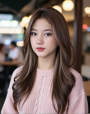  The medium shot photograph captures asian girl nlidyawati in with long, straight brown hair, wearing a cozy, random color sweater and have soft makeup, including pink lipstick and subtle blush, which enhances their natural beauty. Their eyebrows are well-defined, and their skin is fair with a smooth complexion. The background appears to be an outdoor scene with blurred elements, likely a window behind them, creating a soft and inviting atmosphere. The lighting is balanced, highlighting their facial features and the texture of the sweater.,