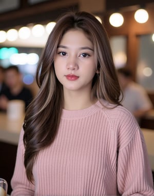  The medium shot photograph captures asian girl nlidyawati in with long, straight brown hair, wearing a cozy, random color sweater and have soft makeup, including pink lipstick and subtle blush, which enhances their natural beauty. Their eyebrows are well-defined, and their skin is fair with a smooth complexion. The background appears to be an outdoor scene with blurred elements, likely a window behind them, creating a soft and inviting atmosphere. The lighting is balanced, highlighting their facial features and the texture of the sweater.,