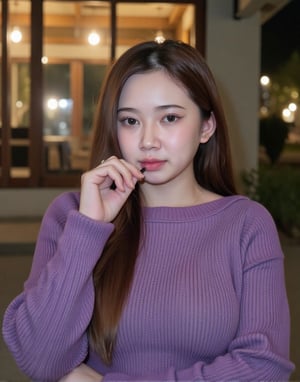  The medium shot photograph captures asian girl in with long, straight brown hair, wearing a cozy, purple sweater and have soft makeup, including pink lipstick and subtle blush, which enhances their natural beauty. Their eyebrows are well-defined, and their skin is fair with a smooth complexion. The background appears to be an outdoor scene with blurred elements, likely a window behind them, creating a soft and inviting atmosphere. The lighting is balanced, highlighting their facial features and the texture of the sweater.