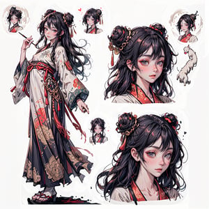 1 girl, solo, black eyes, young girl with two buns hairstyle, ancient chinese art, ancient Chinese painting, traditional Chinese Ink Style Painting, Tang Dynasty makeup style, face make up of Tang dynasty, Chinese painting style, (hair style of Tang dynasty), style of Tang Bohu, (close up character design), multiple concept designs, (concept design sheet), (white background, simple background:1.2), (dynamic_pose:1.2),(masterpiece:1.2),(((CharacterSheet:1.2))), ((((black hair:1.2)))) ,(multiple views, full body, upper body, reference sheet:1),(white background, simple background:1.2),(dynamic_pose:1.2),(masterpiece:1.2), light smile, fullbody white_bodysuit with details,multiple views (full_body(front_view, back_view),uper_body(front_view, left_view, right_view)),(white background, simple background:1.2),(dynamic_pose:1.2),(masterpiece:1.2), (best quality, highest quality), (ultra detailed), (8k, 4k, intricate), (50mm), (highly detailed:1.2),(detailed face:1.2), detailed_eyes,(gradients),(ambient light:1.3),(cinematic composition:1.3),(HDR:1), accent lighting,extremely detailed,original, highres,(perfect_anatomy:1.2), perfect_face:1.2, detailed_anatomy, full_body, china dress with heart cutout, chinese clothes, floral print, hanfu, print robe, trending on art station, a character portrait, Chen Yifei, including the hair and makeup, realistic character concept, concept art, ukiyo-e, Chen Hong, no words, no text 