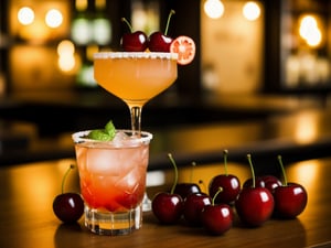 cherry, fruit, food, focus, colourful cocktail glass, cup, blurry, drinking glass, still life, table, cocktail, bokeh, drink, ((blurry background))