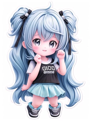 ((Sticker)),(( a cute girl)), t-shirt and mini skirt, hair clip in lovely black and white hair, glossy lips, big cute eyes, white background((cute pose)),4K, 2.5D ,chibi,full body, 
