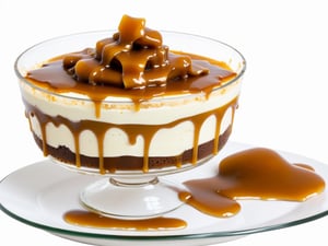 Delicious, Puding with caramel, ((glass platl)) on a table ((white background))