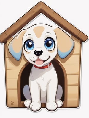 Sticker, 2.5D, A dog in doghouse, cute face,big eyes,full body,,4k,blue_eyes, white background,