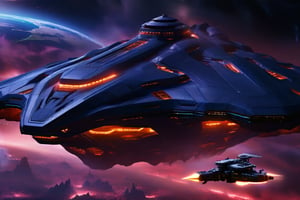 A dark, foreboding large alien spaceship looms in the crimson-streaked sky, its hull a mesh of jagged metallic plates illuminated by eerie yellow lighting as it captures a small space ship with a tractor beam. The planet below, a terrestrial gem with wispy blue clouds and verdant continents, remains oblivious to the looming threat.