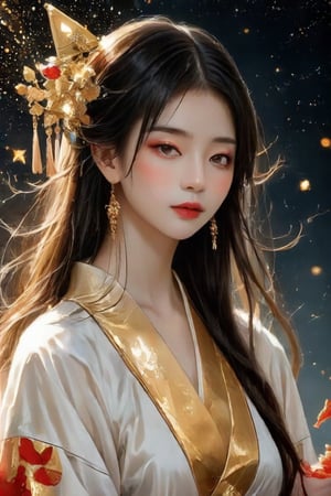 Beautiful girl. She is very cool, she is wearing a very luxurious hakama outfit. intwined with gold, gold jewellery,  detailed image, detailed skin, upper body, looking at the viewer. Black background, ((masterpiece: 1.2)), light particles, ink drops in the background, Anime style.
