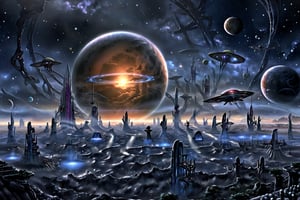 A magical landscape from another world full of beauty and magic, planets seen in the distance of a stary sky, alien citys science fiction