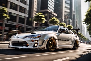 A gleaming black/white Toyota AE-86-inspired modern day hatchback design, car navigates down a bustling city street at high noon, bathed in radiant sunlight. The vehicle's sharp lines and angular shape are accentuated by black spoked wheels. In symmetrical profile, the front view points directly ahead, poised for action. Against the vibrant urban backdrop of towering skyscrapers and pedestrians, its sleek silhouette a testament to innovative design.