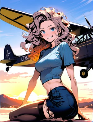 A sultry pin-up girl from the 1940s, with a fiery mane of curly hair and a sassy smile, bends low to examine something on the ground. Her shorts are ripped and frayed, showcasing toned legs, while her worn T-shirt clings to her curves. She looks back over her shoulder, her bright blue eyes sparkling with mischief, as if daring the viewer to get too close. Behind her, an old biplane soars through a dusty, sun-kissed sky, its propellers whirring lazily, adding a touch of nostalgia and adventure to this vintage scene.