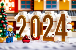 Lego themed, text "2024" outdoor,  snowing,  in front of house,  a Lego man  celebrating new year 2024 background (Warm and bright color tones),  (Soft diffuse lighting),  masterpiece,  best quality,  detailmaster2,ral-chrcrts,christmas,Text