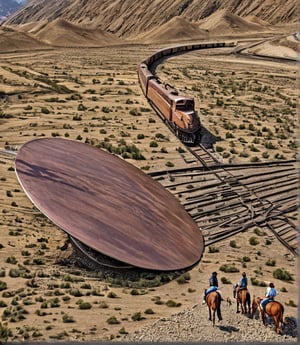 Masterpiece, PHOTOREALISTIC, best quality, ultra detailed, 8K, absurd, photorealistic, realistic photo, ultra realistic photo, raw photo, 3D rendering, 3D model, sci-fi, Cherry creek Nevada summer 1964, in a barren remote area, a Nevada northern railroad company Diesel electric copper ore train comes around a bend near a mountain. BREAK ahead of the train the railway tracks are twisted ,mangeled and broken, BREAK three female ranchers riding horseback in the right foreground, BREAK a 25ft REFLECTIVE aluminum flat disk shaped object with a small dome on top lays upside down damaged and marked after impacting the ground and smashing through the railway tracks, BREAK perfect details, amazing details, incredible details, ultimate details, detailed background, dramatic composition, very clear masterpiece,best quality,official art, extremely detailed CG unity 8k 8k resolution, Cinematic Lighting