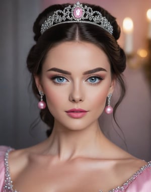 A stunningly beautiful dark haired woman with a ponytaillooks directly a camera, close up image, she has perfect skin, beautiful blue eyes, pink lip stick, soft make-up, she is wearing a pink coloured Aristocratic ball gown,with a small tiara