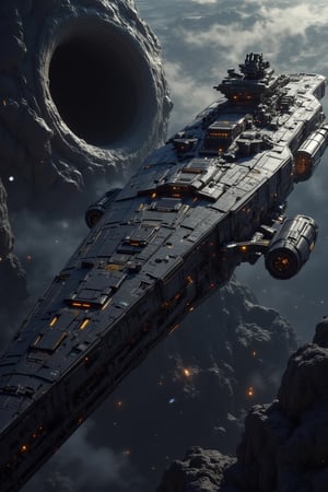 Masterpiece, best quality, ultra detailed, 8K, absurd, photorealistic, realistic photo, ultra realistic photo, raw photo, 3D rendering, 3D model, sci-fi, in space, ((next to a Black Hole)), Colossal sized dark grey and black metallic colored Warship in space, Large black hole,   hazy, super cool, perfect details, amazing details, incredible details, ultimate details, detailed background, dramatic composition, very clear--niji 6,real robot