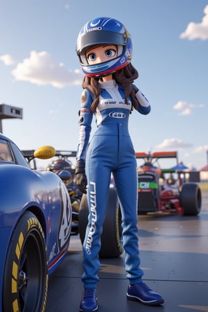 2Anime girls, full body, 3D cartoon figure girl, with great attention to detail, beautiful and delicate eyes, motor racer anime girls, wearing blue racing clothes, standing on next to a race car, detailed, dynamic beautiful pose, dynamic pose, natural light, to scale, ((realistic)) quality: 1.2), dynamic distance shot, cinematic lighting, perfect composition, super detail, masterpiece, (best) quality: 1.3), reflection, high resolution CG Unity 8K wallpaper, simple background, masterpiece, (photorealistic): 1.2), random angle, side angle, full body,