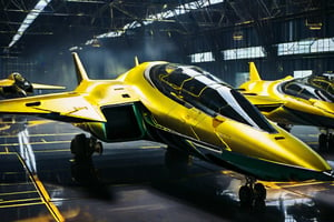 score_9, score_8_up, score_7_up, Masterpiece, 8k, sleek, Yellow and green space fighter craft,  its metallic surface reflecting the brightlights of the futuristic hangar. The aircraft's angular lines  are illuminated from within, casting an eerie glow. In the background, rows of identical vessels stand at attention, their cockpits gleaming like polished mirrors. The landing gear retracts as the craft comes to a halt, its pilot's helmeted figure emerging from the cockpit, gazing out at the bustling hangar with a mixture of exhaustion and triumph.