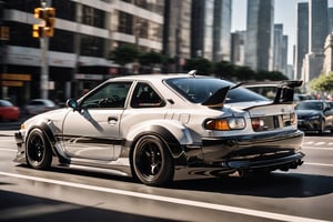 A gleaming black/white Toyota AE-86-inspired modern day hatchback design, car navigates down a bustling city street at high noon, bathed in radiant sunlight. The vehicle's sharp lines and angular shape are accentuated by black spoked wheels. In symmetrical profile, the front view points directly ahead, poised for action. Against the vibrant urban backdrop of towering skyscrapers and pedestrians, its sleek silhouette a testament to innovative design.