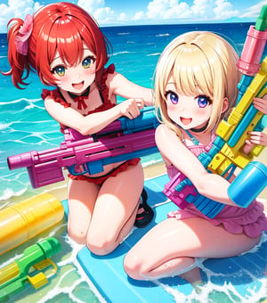 2 Cuute Anime girls on the beach playing with a water gun, super Soaker