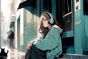 
An American manga-style illustration with a retro 1990s aesthetic. The scene features a calm and serene K-pop idol with long, side-parted brown hair and oversized vintage headphones. She is homeless, looking for help, She's leaning against the entrance of a cosy, dimly lit café, while a stray cat looks up at her, with soft lighting coming through, creating a peaceful atmosphere on a rainy day. The idol has a gentle smile, and her pose reflects a sorrowful mood.