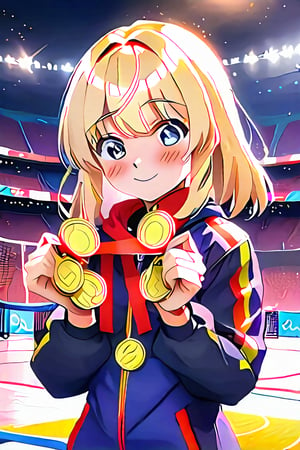 A cute anime girl receiving a Gold medal at the Olympics