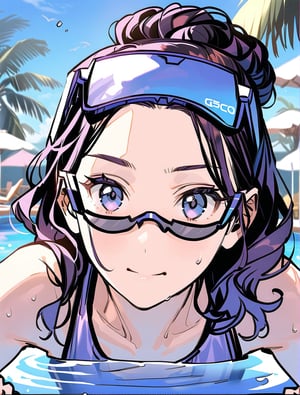 An Anime girl with black wet shiny hair,  wearing a purple swimsuit, swimming in a pool at a sunny beach resort,aesthetic