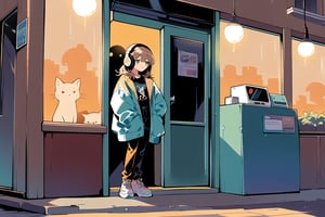 
An American manga-style illustration with a retro 1990s aesthetic. The scene features a calm and serene K-pop idol with long, side-parted brown hair and oversized vintage headphones. She is homeless, looking for help, She's leaning against the entrance of a cosy, dimly lit café, while a stray cat looks up at her, with soft lighting coming through, creating a peaceful atmosphere on a rainy day. The idol has a gentle smile, and her pose reflects a sorrowful mood.