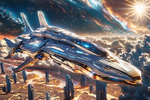 A lone space ship descends into a city  of the desert landscape, its metallic surface reflecting the scorching sun's rays. In the distant background, a celestial canvas showcases a stunning City, their vibrant hues and swirling clouds a striking contrast to the Futuristic city. The ship's landing gear stretches out as it settles onto the city expanse.