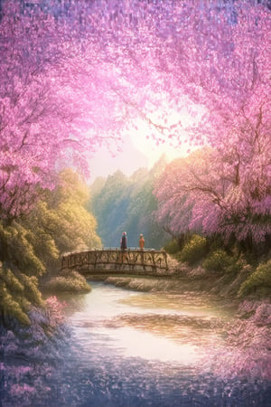 "Design a stunning 4K anime scene of a vibrant cherry blossom grove at sunset. Soft pink petals drift through the air, while golden light filters through the trees, casting a warm glow over a peaceful river winding through the landscape. A solitary figure stands on a bridge, admiring the serene beauty of nature."