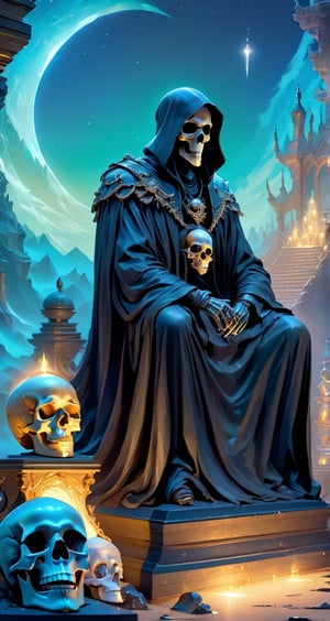 A high reflective obsidian material worn on the grim reaper sitting on skulls, surrounded by mist, glowing moonlight, auror borealis, and meteor showers; opalescent fantasy background, flowing waves of mists with skull statues in the foreground, brilliant opalescent colors, high resolution, high quality, high detail, sharp focus, intricate details, highly detailed digital painting, artstation style, concept art, smooth, sharp focus, ultra wide angle lens, 