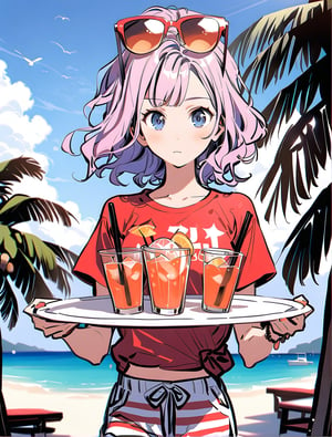 An Anime girl with blue pink hair with yellow sunglasses on her head, wearing a Red T-shirt with light blue striped shorts, carrying a plate of drinks at a sunny beach resort,aesthetic