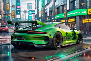 A futuristic hi-tech  Super car inspired by Porsche, Cyberpunk-inspired Super car, Green, black spoked wheels, on the road in city area background, at mid day time, front view, symmetrical, 