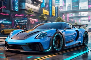 A futuristic hi-tech  Super car inspired by Porsche, Cyberpunk-inspired Super car, Blue, black spoked wheels, on the road in city area background, at mid day time, front view, symmetrical, 