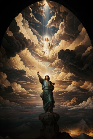 A celestial figure clad in shimmering robes stands atop a mountain peak at dusk, with clouds of apocalyptic orange and crimson hues gathering behind. The messenger's arms outstretched, palms facing the heavens as they gaze down upon the mortal realm below. A halo of golden light surrounds their head, illuminating their solemn expression. In the distance, cities and towns are shrouded in a thick, gray mist, symbolizing the impending doom.,renaissance