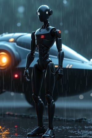   A droid full body, figure with great attention to detail, beautiful and delicate eyes, wearing shiny black flight suit clothes, standing on next to a futuristic space ship, at night in the rain. detailed, dynamic beautiful pose, dynamic pose, natural light, ((realistic)) quality: 1.2), dynamic distance shot, cinematic lighting, perfect composition, super detail, masterpiece, (best) quality: 1.3), reflection, high resolution CG Unity 8K wallpaper, simple background, masterpiece, (photorealistic): 1.2), random angle, side angle, full body,