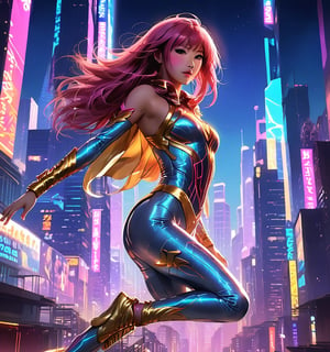 Aurora's Leap: A soaring shot captures the dynamic athlete, KAIRI, mid-air as she performs a gravity-defying backflip amidst the vibrant cityscape. Her long, flowing hair streams behind her like a golden cape, while her sleek, high-tech jumpsuit glows with an iridescent sheen. The fading sunlight casts a warm glow on the bustling metropolis below, where neon lights dance across towering skyscrapers, reflecting off Kairi's gleaming suit as she descends back to solid ground.