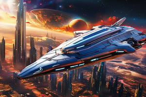 A lone space ship descends into a city  of the desert landscape, its metallic surface reflecting the scorching sun's rays. In the distant background, a celestial canvas showcases a stunning City, their vibrant hues and swirling clouds a striking contrast to the Futuristic city. The ship's landing gear stretches out as it settles onto the city expanse.