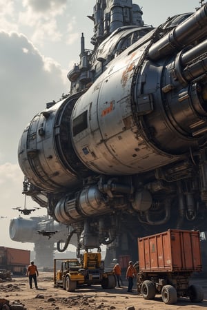 Masterpiece, best quality, ultra detailed, 8K, absurd, photorealistic, realistic photo, ultra realistic photo, raw photo, 3D rendering, 3D model, sci-fi, next to  a futuristic hanger base, high in the sky,  Colossal sized silver and black metallic colored spaceship parked on the ground, damged, dirty, cargo gangway taking cargo on board, drones flying around welding, ground crew,  hazy, super cool, perfect details, amazing details, incredible details, ultimate details, detailed background, dramatic composition, very clear--niji 6,real robot