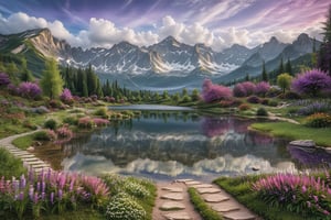 A beautiful fantasy landscape, with mountains and trees, and a majestic sky with white clouds, a lake can be seen that is still like a mirror reflecting the sky, the grass is purple and dark purple like lavender, Flowers bloom all diferent clours, with radiance that brings magic to the place, it was morning day cinematic 8k photography shot by Sony cameras, ultra realistic,more detail XL