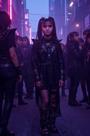 A neon-lit alleyway at dusk, a futuristic cityscape looming in the background. A young girl, dressed in cyberpunk attire, stands confidently amidst a group of friends, her long hair flowing freely down her back. She sports a bold leather jacket, ripped fishnets, and heavy boots, exuding an edgy vibe. Her friends, equally stylish, surround her with a mix of curiosity and camaraderie.