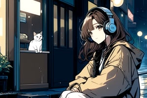 
An American manga-style illustration with a retro 1990s aesthetic. The scene features a calm and serene K-pop idol with long, side-parted brown hair and oversized vintage headphones. She is homeless, looking for help, She's leaning against the entrance of a cosy, dimly lit café, while a stray cat looks up at her, with soft lighting coming through, creating a peaceful atmosphere on a rainy day. The idol has a gentle smile, and her pose reflects a sorrowful mood.