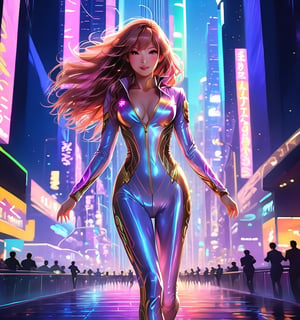 Aurora's Leap: A dynamic shot frames KAIRI  running glowing with an iridescent sheen on her high-tech jumpsuit. Her long, flowing hair streams behind like a golden cape against the vibrant cityscape at sunset. Neon lights dance across towering skyscrapers, reflecting off her suit as she descends, casting a warm glow on the bustling metropolis below.