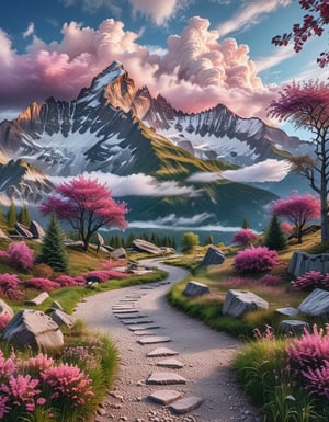 a beautiful fantasy landscape, with mountains and trees, and a majesty sky with white fluffy coulds, the grass is pink and dark purple, that brings magic to the place, it was morning day cinematic 8k photography shot by Sony cameras, ultra realistic,more detail XL